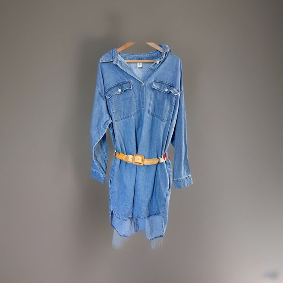 H&M Dresses & Skirts - H & M Denim Chambray Shirt Dress L Vintage Boho Woven Belt Western Style